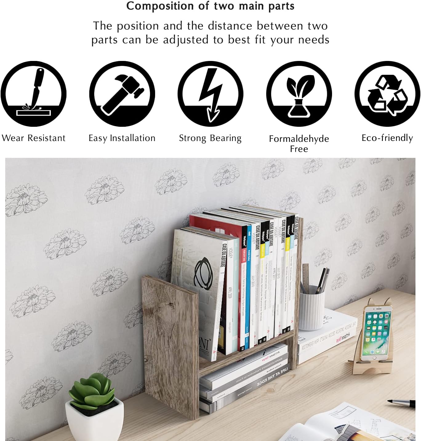 Jerry & Maggie - Desktop Organizer Office Storage Rack Adjustable Wood Display Shelf - Free Style Double H Display - True Natural Stand Shelf - Black - Image 6